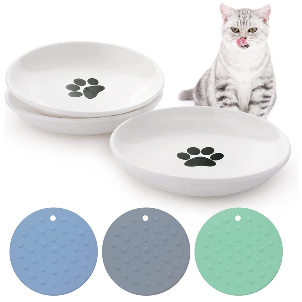 Dorakitten Ceramic Cat Food Plates: Cat Wet Food Bowls Cat Feeding Wide Bowls to Stress Relief of Whisker Fatigue Cat Dishes, Shallow Bowls for Kittens and Small Animals with Non-Slip Mat