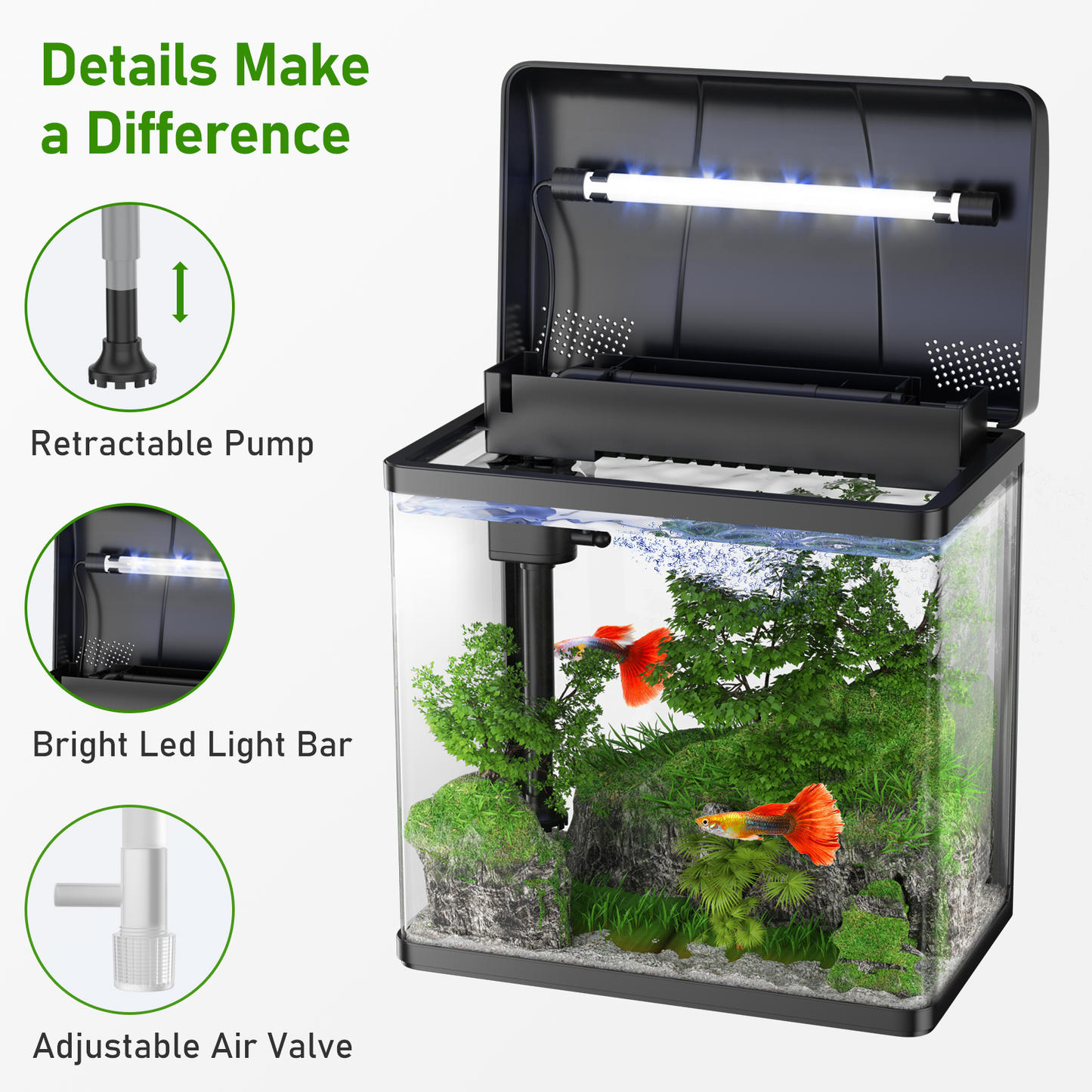 PONDON Fish Tank, 1.7 Gallon Glass Aquarium with Air Pump & LED Light & Filter, Small Fish Tank for Betta Fish Starter Kit