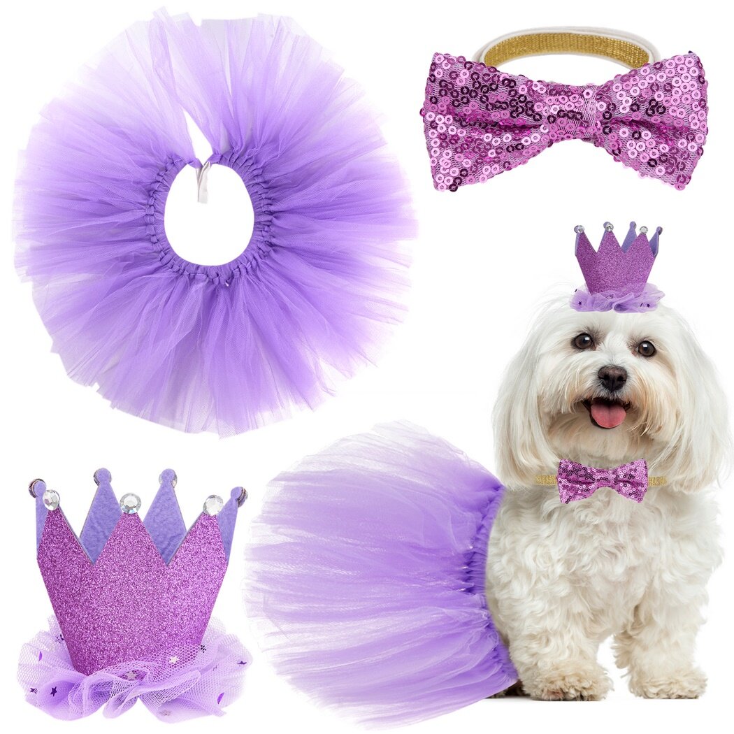 Dog Party Costume Set, Purple Tulle Ballerina Dress with Princess Crown & Bowtie for Birthday Parties, Wedding, Sweet Outfit Favors for Small Medium Dogs, Cats
