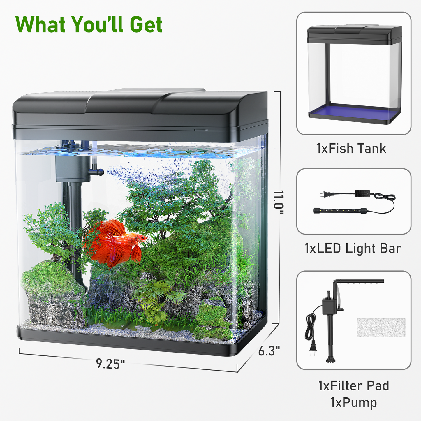 PONDON Fish Tank, 1.7 Gallon Glass Aquarium with Air Pump & LED Light & Filter, Small Fish Tank for Betta Fish Starter Kit