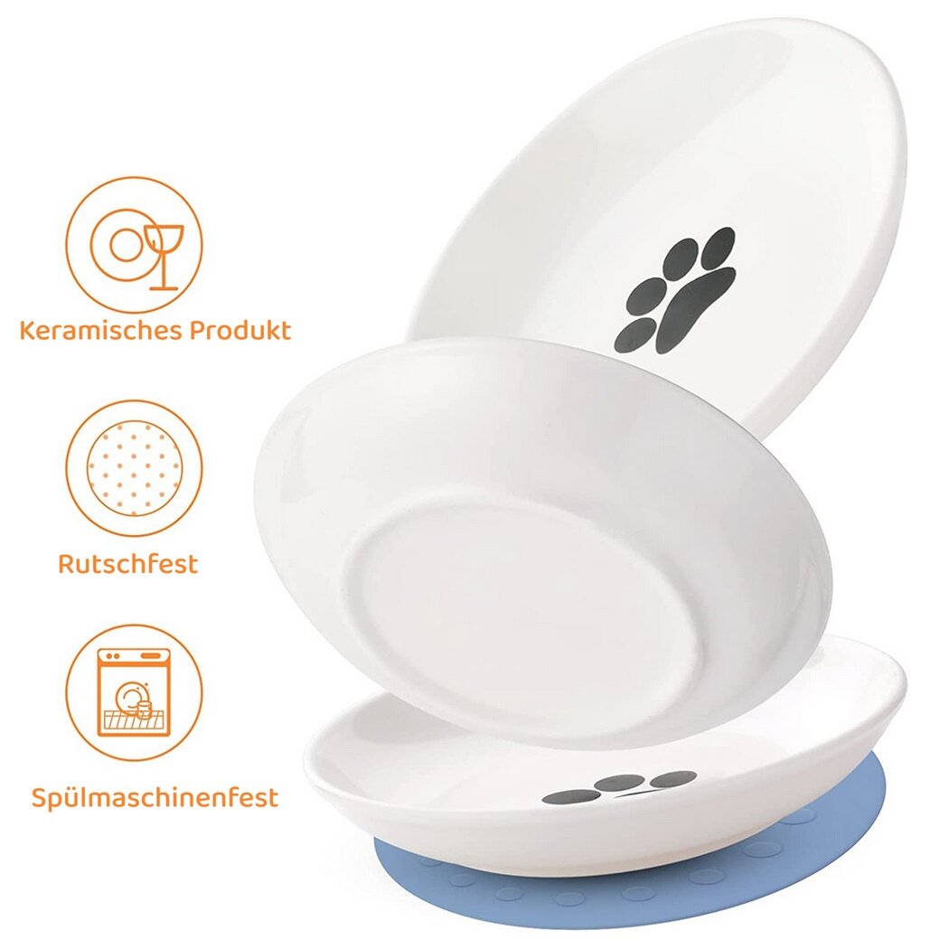 Dorakitten Ceramic Cat Food Plates: Cat Wet Food Bowls Cat Feeding Wide Bowls to Stress Relief of Whisker Fatigue Cat Dishes, Shallow Bowls for Kittens and Small Animals with Non-Slip Mat