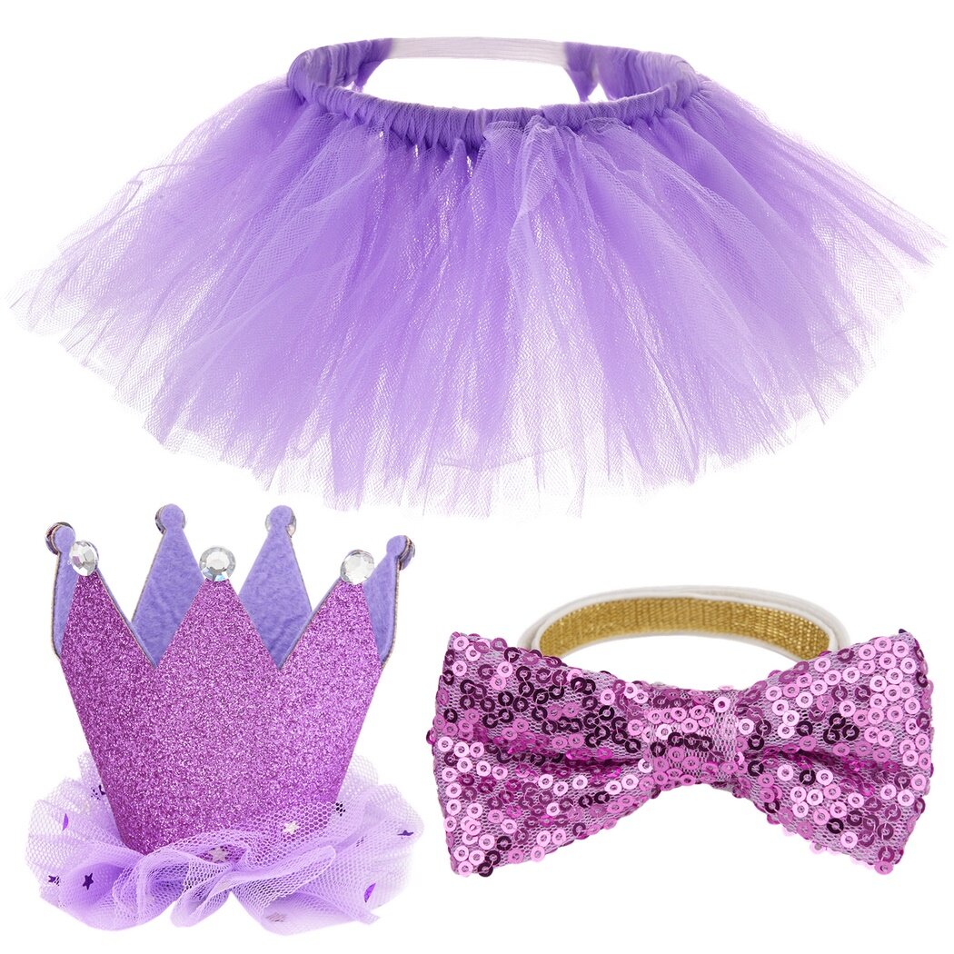 Dog Party Costume Set, Purple Tulle Ballerina Dress with Princess Crown & Bowtie for Birthday Parties, Wedding, Sweet Outfit Favors for Small Medium Dogs, Cats