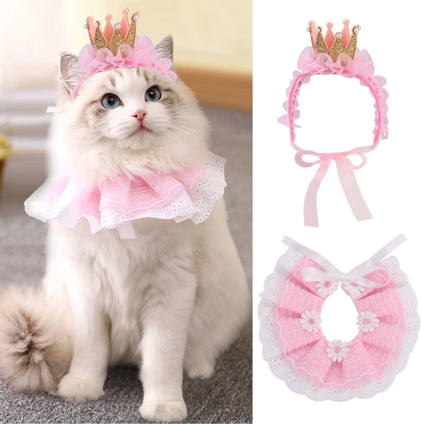 Pet Hat Decorative Cute Crown Lace Pet Headband Pet Costume Hat with Cat Bib
